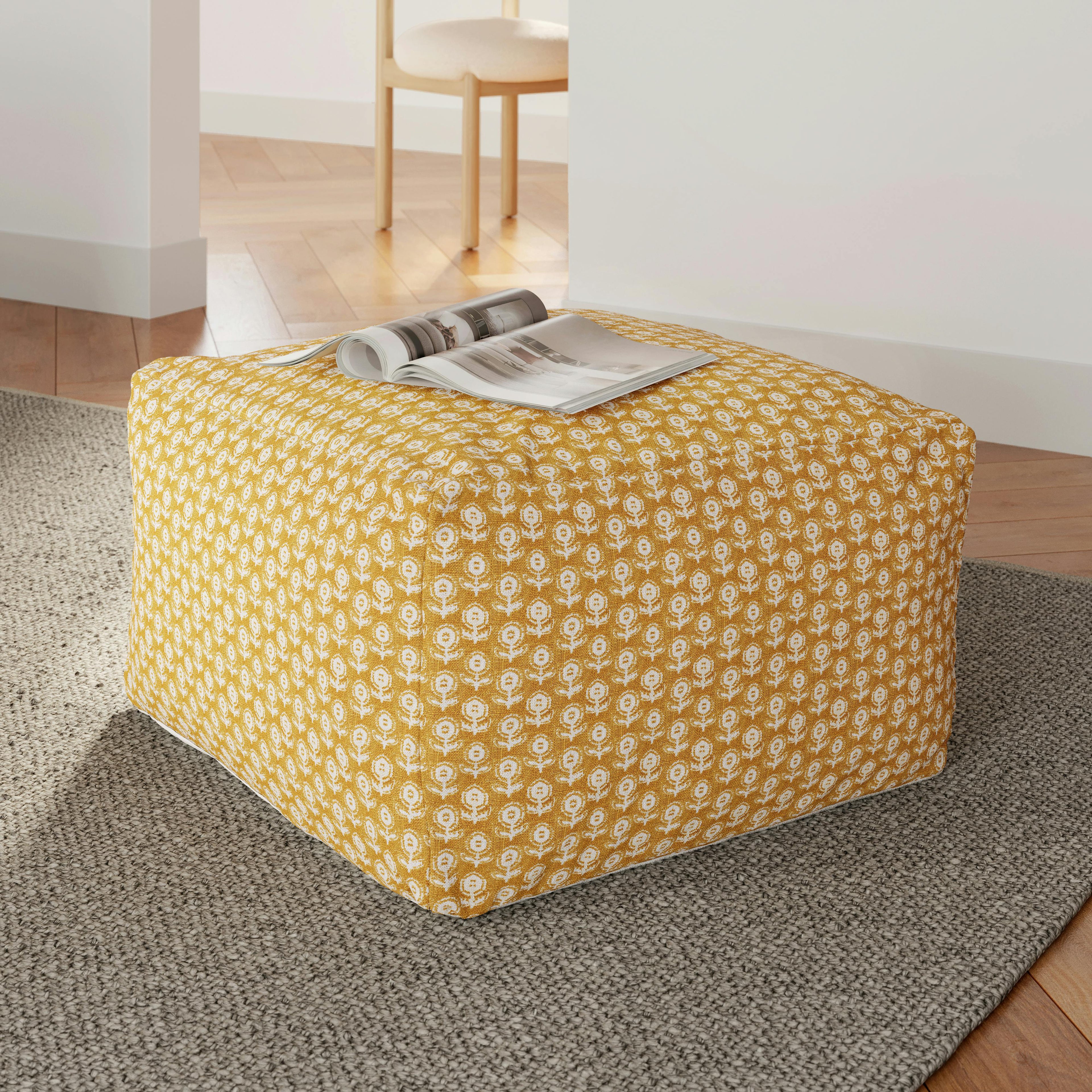Priya 25.5 Pouf - Yellow Blockprint