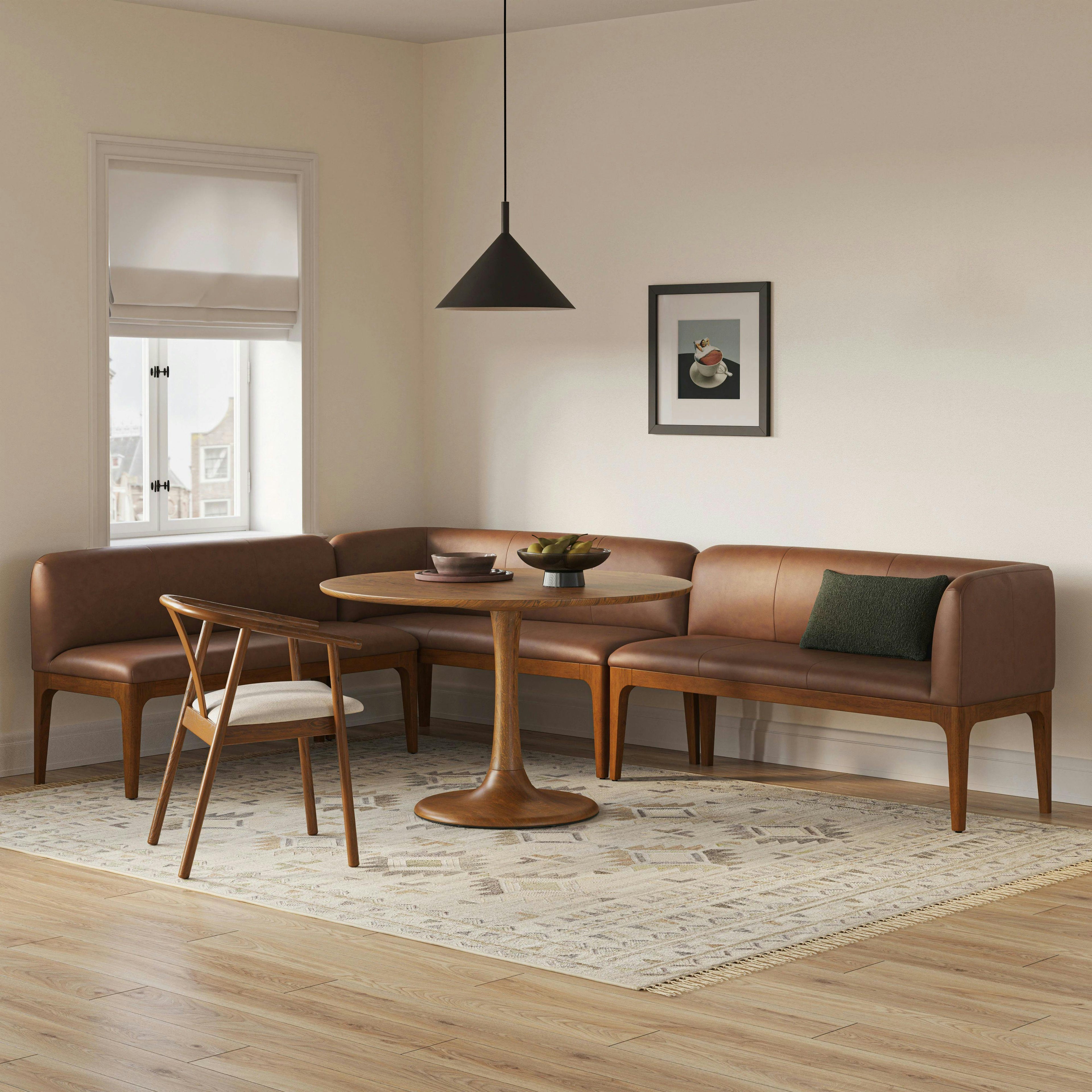 Rosin 113.5 Leather Long L-Shape Banquette Set - Smoked Oak and Lucia Brown