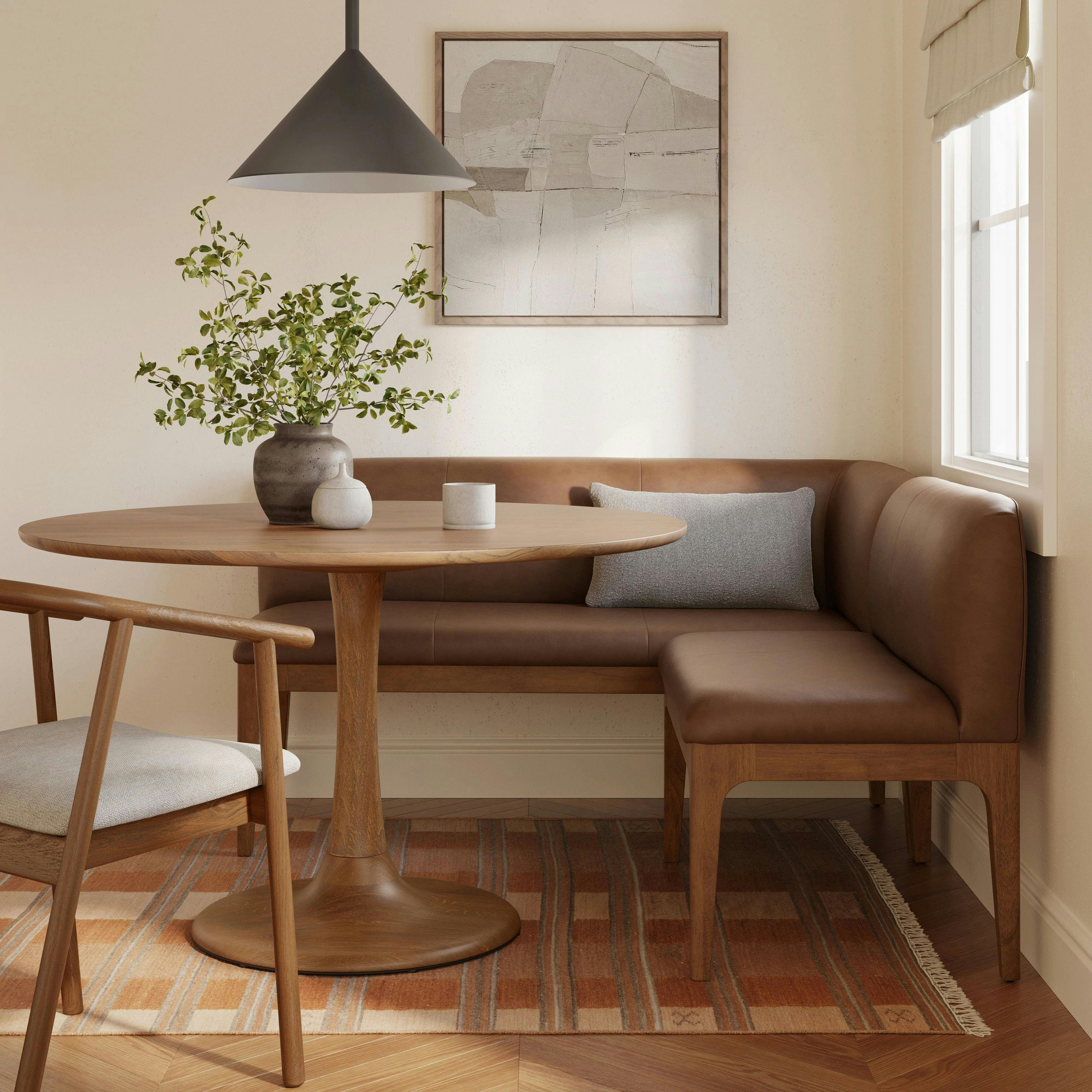 Rosin 74.75 Leather Right Arm Banquette Set - Smoked Oak and Lucia Brown